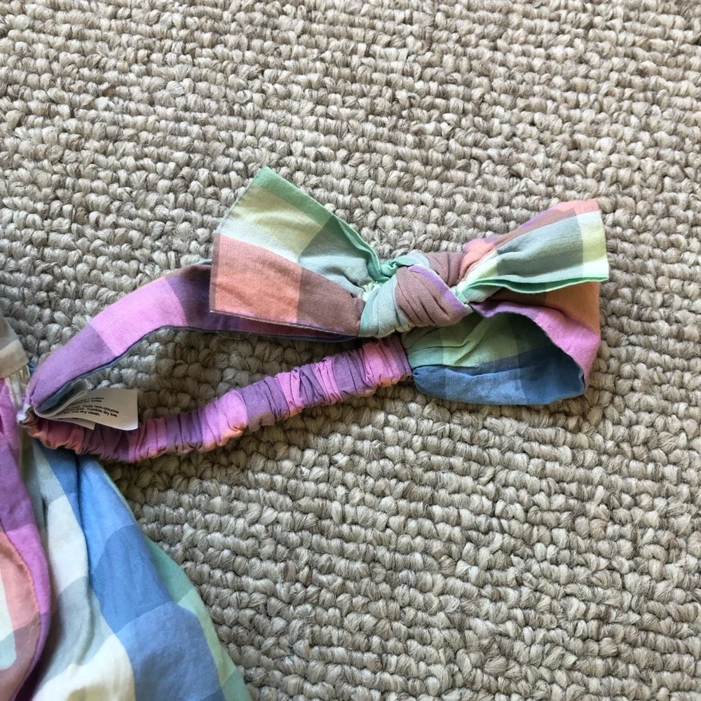 NWT Baby Gap Pastel Rainbow Plaid 3pc Outfit- Top, Bloomers, Headband